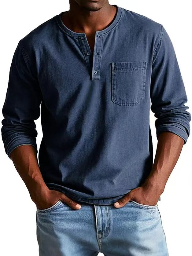 V-neck Long-sleeved T-shirt With Button Design Fashion Casual Solid Color Pullover Top Men's Clothing